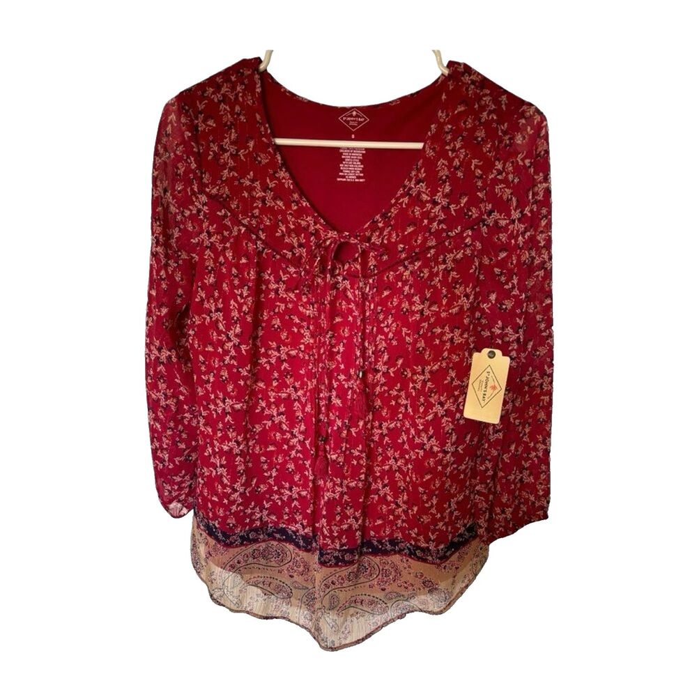 St. John’s Bay Boho Floral Blouse Women's Small Red Sheer Tie Neck Lace Hem NWT